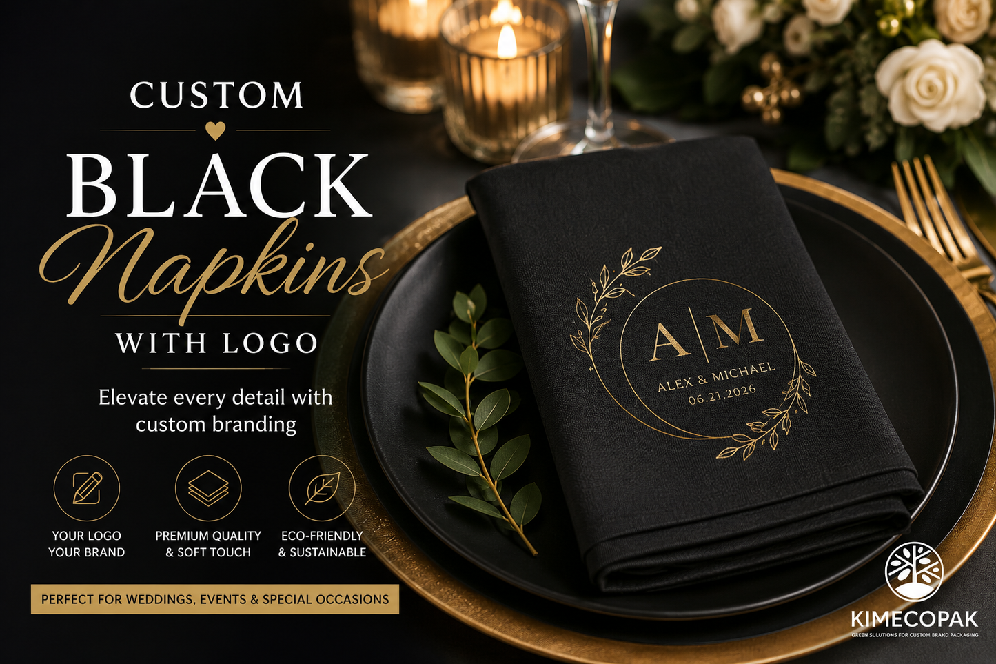 Custom Black Napkins with Logo | Premium Printed Paper Napkins for Restaurants, Weddings & Events