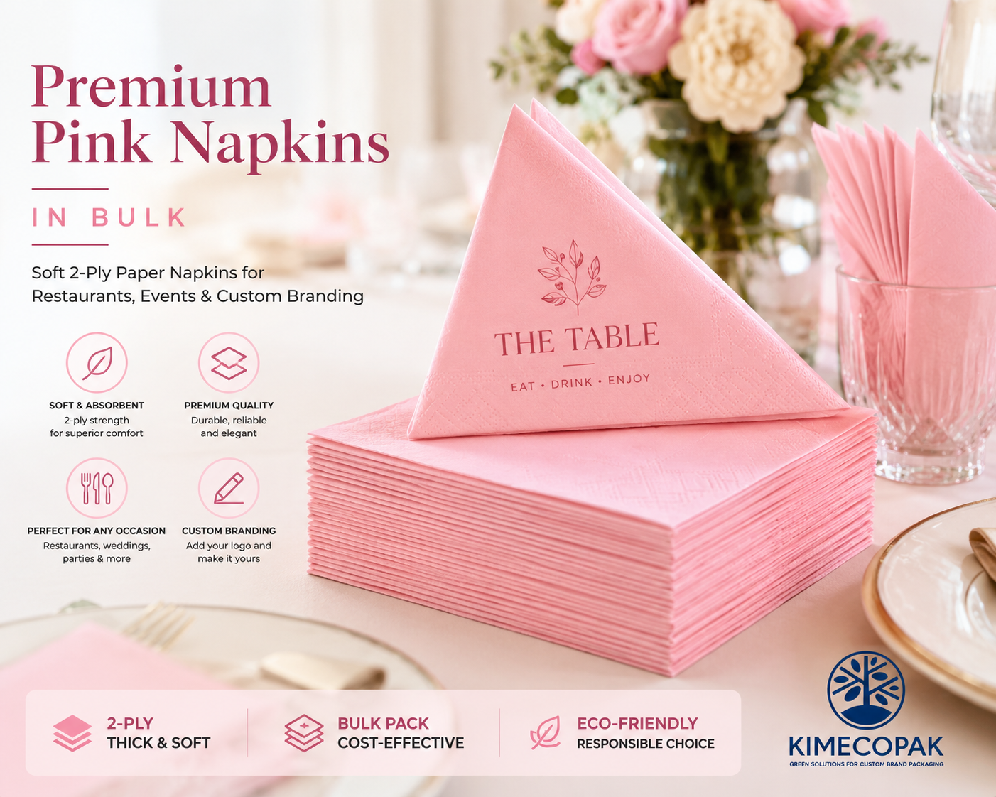 Premium Pink Napkins in Bulk | Soft 2-Ply Paper Napkins for Restaurants, Events & Custom Branding