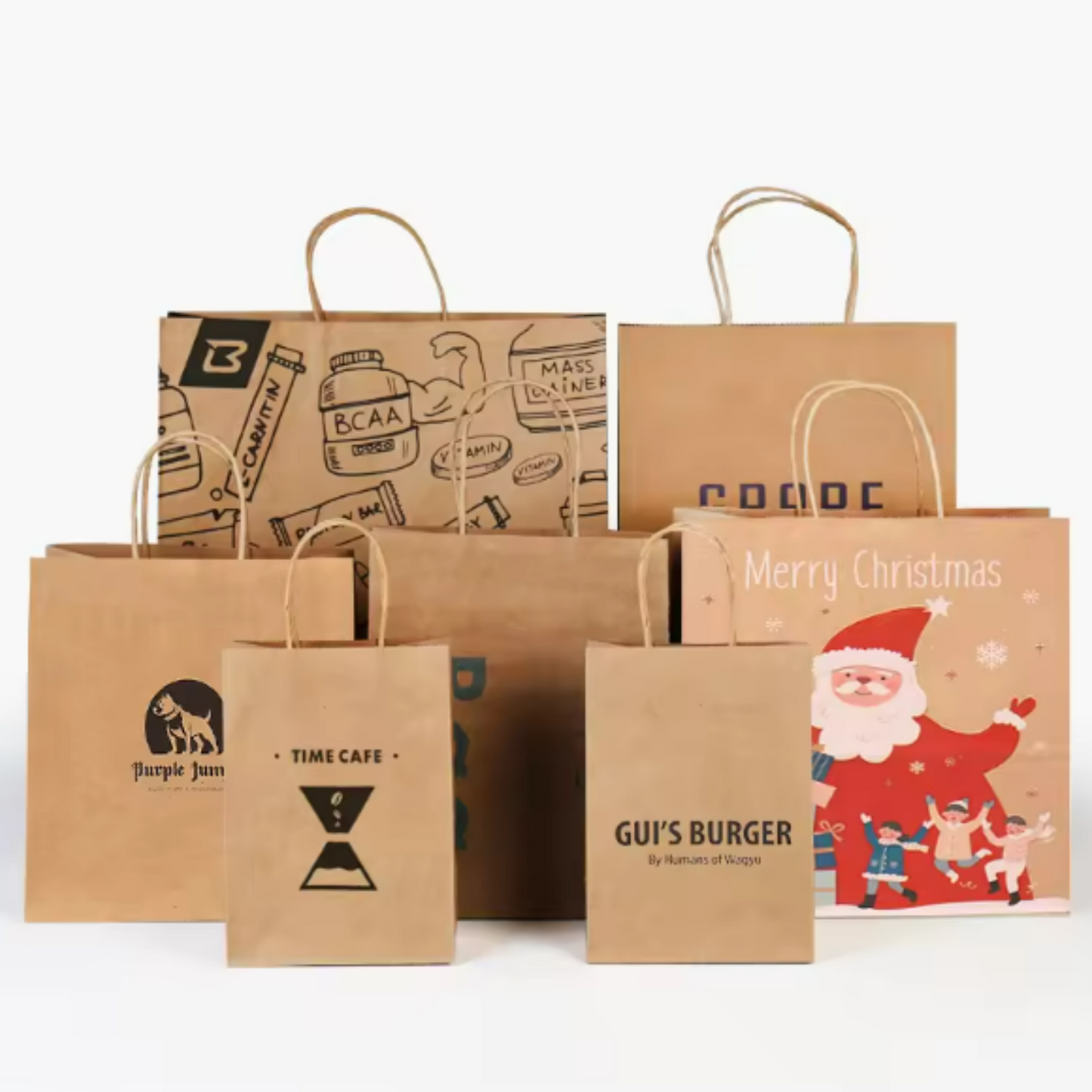 Custom Logo Kraft Paper Bags Twist Handles | Recycled Shopping Bags
