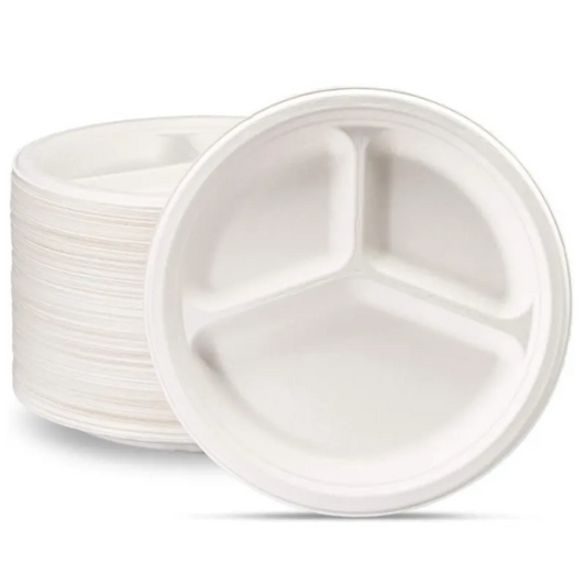Compostable 3 Compartment Round Plates Full Size (9/10 inches) Wholesale