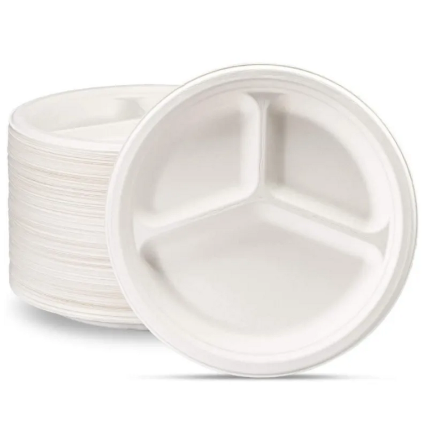 Disposable Round Sugarcane Fiber Plates | 9/10 inches | 3 Compartment | Wholesale in Canada
