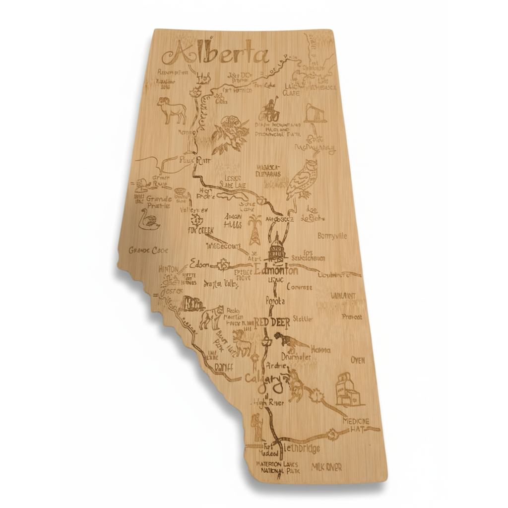 Wooden map of Alberta with engraved text and symbols on a white background