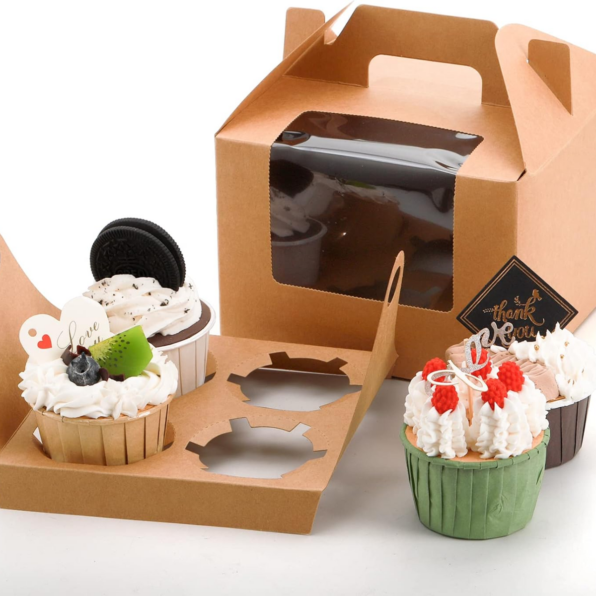 Single Kraft Cake Box 4 with Handle & Insert | For Cupcakes, Muffins ...