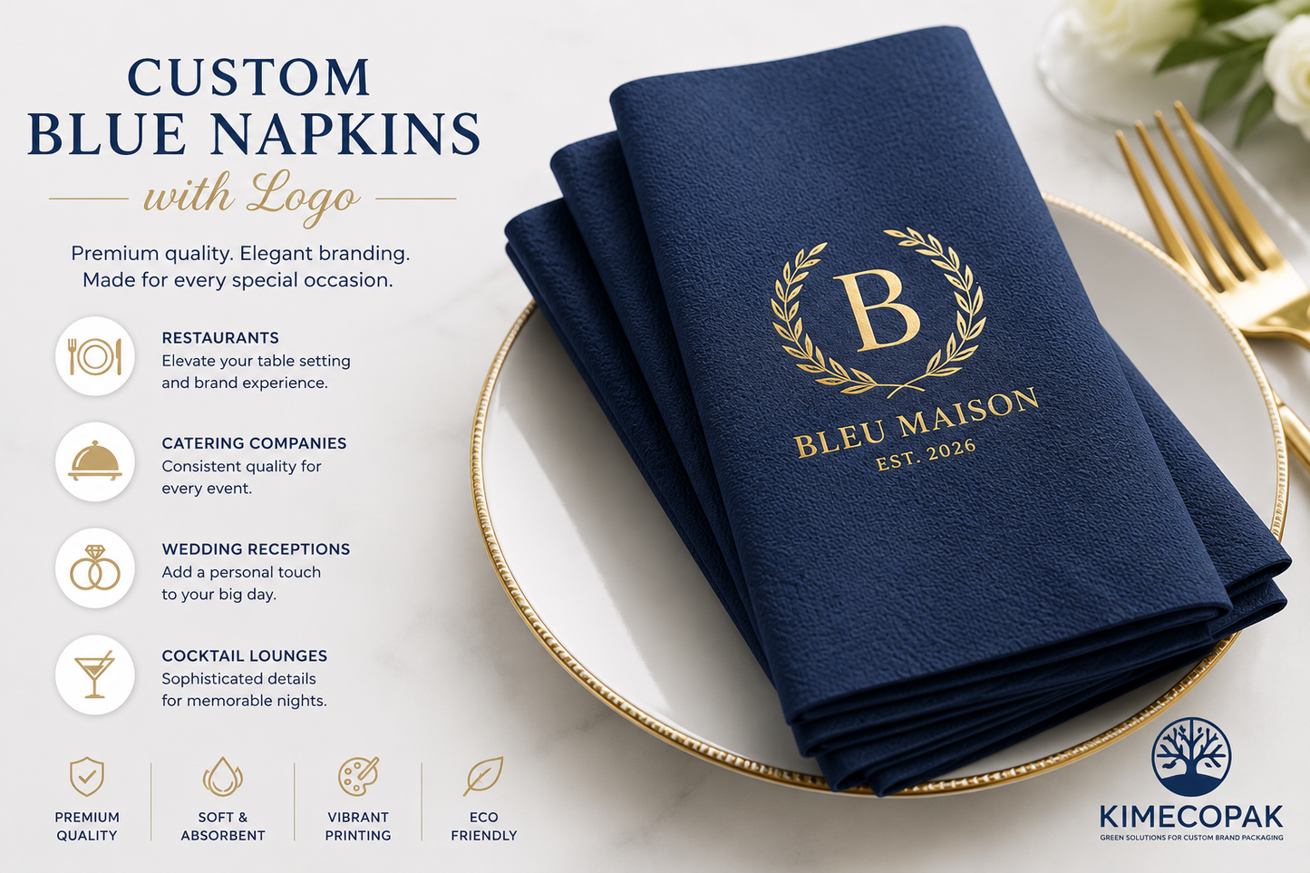 Custom Blue Napkins with Logo | Premium Personalized Paper Napkins