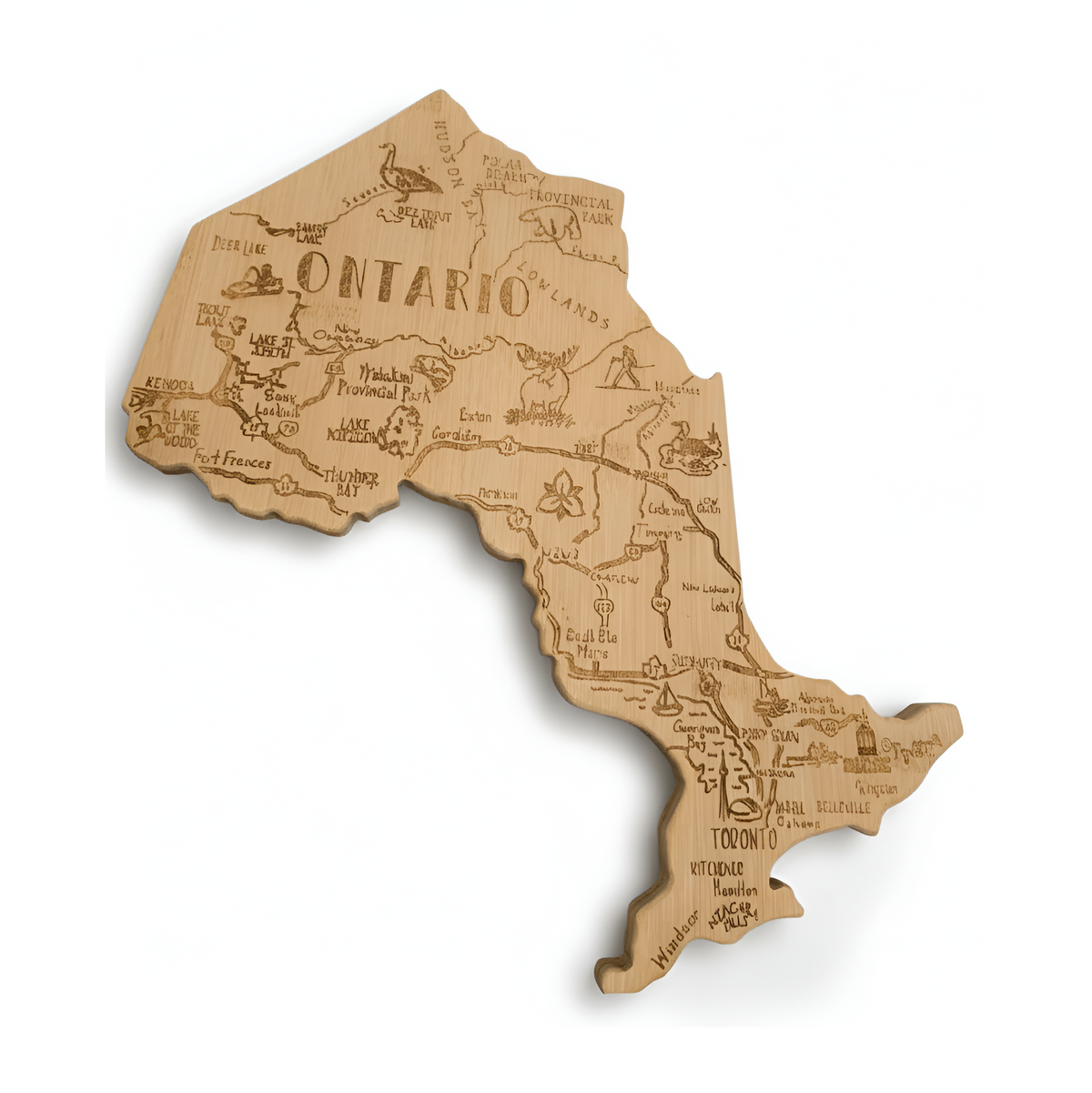 Wooden map of Ontario with engraved text on a white background