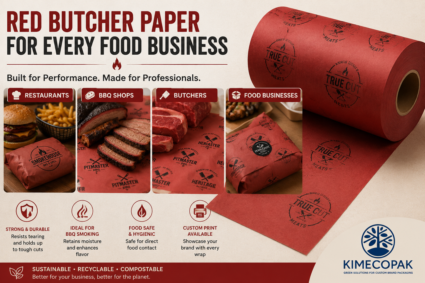 Premium Red Butcher Paper for BBQ Smoking, Meat Wrapping & Custom Branding