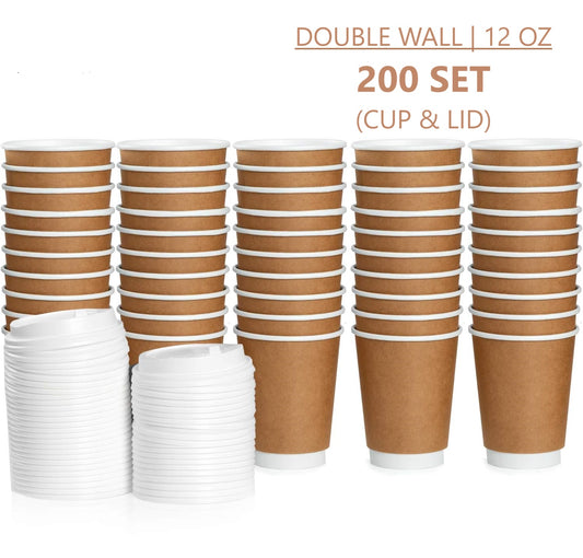 Double Wall Kraft Paper Coffee Cup | 12 Oz | For Hot Drinks | 200/400 SET (CUP + LIDS)